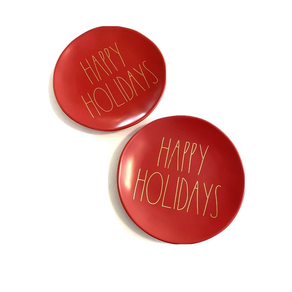 New Rae Dunn 2 Pk Holiday Plates Red Gold